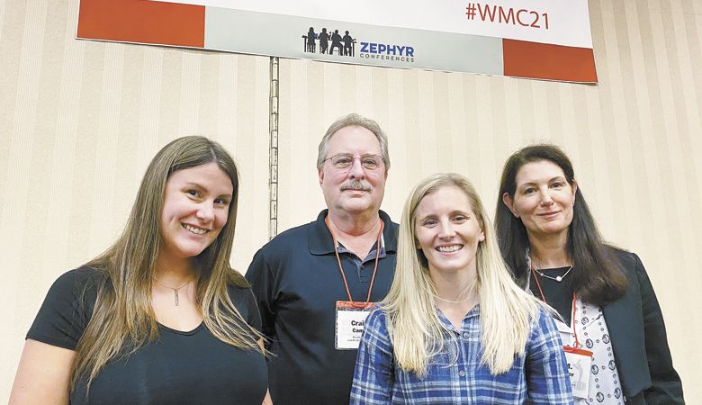 Moderator L.M. Archer (far right) and panelists (from left) Jessica Thomas of Sweet Cheeks Winery, Craig Camp of Troon Vineyard and Christine Clair of Willamette Valley Vineyards discuss Oregon sparkling.  ##Photo provided