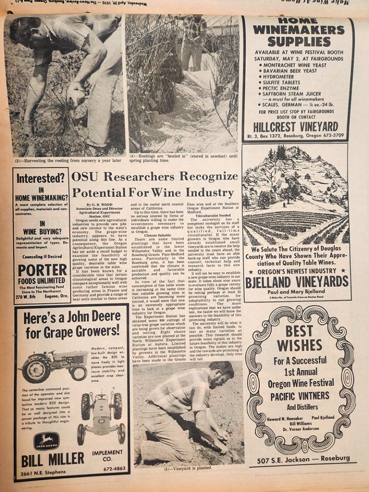 Newspaper clippings from The News-Review, a Roseburg paper promoting the state s nascent wine industry and the first annual Oregon Wine Festival, taking place May 1-2, 1970. ## Image provided by Umpqua Valley Winegrowers Association
