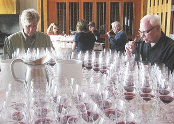 Laurent Montalieu of Soléna Estate and Cole
Danehower of Northwest Palate magazine
compare winemaking with vineyard at the Cellar
Crawl tasting of 25 Pinot Noirs from the 2006
vintage. Photo by Marcus Larson.