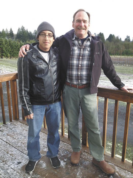 Advance Vineyards Systems owner Buddy Beck,
right, with employee Carlos Martinez at the
company’s headquarters outside McMinnville.
Owner and student took advantage of the Erath
Family Foundation scholarship for Chemeketa’s
wine studies program. Advance Vineyards Systems owner Buddy Beck,
right, with employee Carlos Martinez at the
company’s headquarters outside McMinnville.
Owner and student took advantage of the Erath
Family Foundation scholarship for Chemeketa’s
wine studies program.