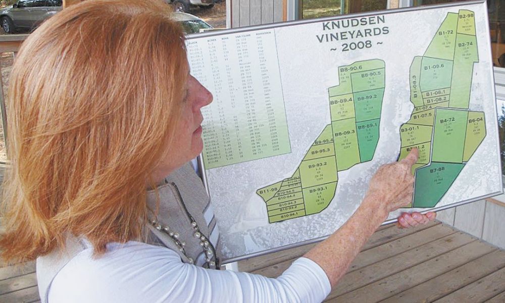 Page Knudsen Cowles shows a map of the replanting being done at Knudsen Vineyards. ##Photo by Jade Helm