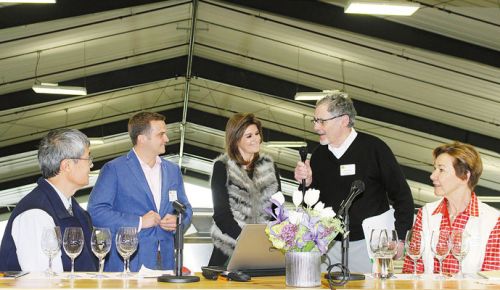 (From left) Mark Chien, Oregon Wine Research Institute; Bryan Maletis, Fat Cork; Laureen Baillette, Champagne Jean Baillette-Prudhomme; Jack Bagdade, Domaine Meriwether (founder); and Eileen Crane, Domaine Carneros, discuss bubbly at the Oregon Sparkling Wine Symposium, hosted at Ponzi Vineyards on April 14. ##Photo provided.
