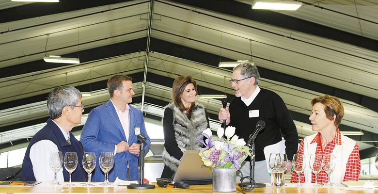 (From left) Mark Chien, Oregon Wine Research Institute; Bryan Maletis, Fat Cork; Laureen Baillette, Champagne Jean Baillette-Prudhomme; Jack Bagdade, Domaine Meriwether (founder); and Eileen Crane, Domaine Carneros, discuss bubbly at the Oregon Sparkling Wine Symposium, hosted at Ponzi Vineyards on April 14. ##Photo provided.