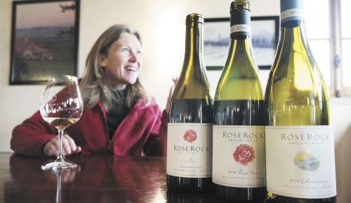 Véronique Boss-Drouhin tells the story of Roserock Vineyard and samples its first releases, two Pinot Noirs and a Chardonnay, from 2014. ##Photo by Rockne Roll