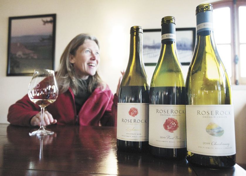 Véronique Boss-Drouhin tells the story of Roserock Vineyard and samples its first releases, two Pinot Noirs and a Chardonnay, from 2014. ##Photo by Rockne Roll