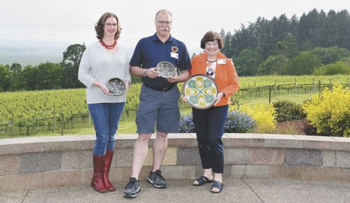 Anne Hubatch (far left), Gerry Rasch and Betty O’Brien were honored at the Chemeketa Northwest Wine Studies Center event. ##Photo by Jade Helm