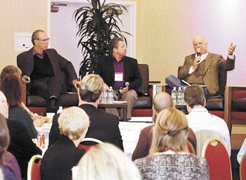 Northwest wine industry leader Allen Shoup, right, addresses 200 attendees at Napa’s Wine Tourism Conference in November
as Michael Mondavi, left, and Napa destination
tourism director Clay Gregory, center, listen.