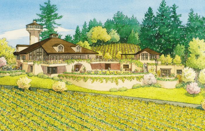 A rendering of the winery’s latest remodel shows how the outside is incorporated with the interior via decks and large windows.