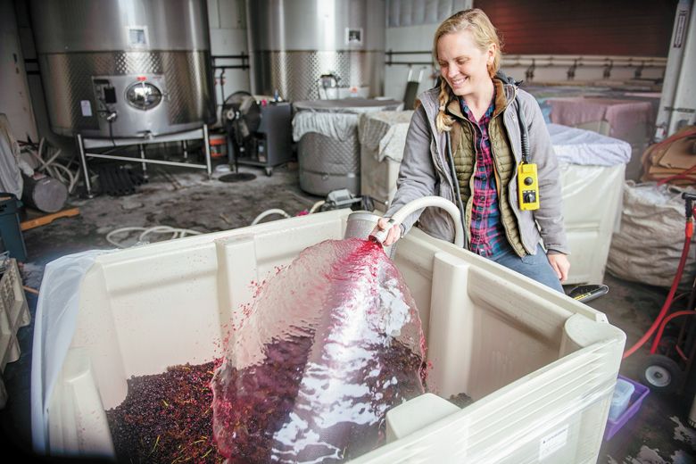 Claire Jarreau, associate winemaker at Brooks Wines, during harvest.##Photo by Carolyn Wells-Kramer