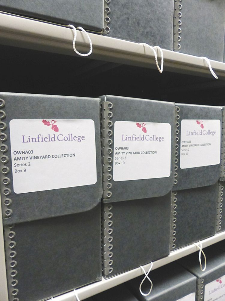 Archive boxes on shelves at the Oregon Wine History Archive at Linfield University. ## Photo provided by Oregon Wine History Archive, Linfield University