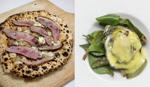 LEFT: Wood-fired theme: Smoked duck and caramelized onion pizza. RIGHT: St. Patrick’s Day theme: broiled Netarts Bay oyster from Nevor Shellfish Farm with Champagne sabayon and sorrel. ##Photos provided