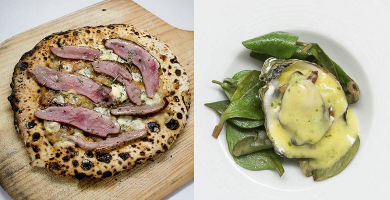 LEFT: Wood-fired theme: Smoked duck and caramelized onion pizza. RIGHT: St. Patrick’s Day theme: broiled Netarts Bay oyster from Nevor Shellfish Farm with Champagne sabayon and sorrel. ##Photos provided