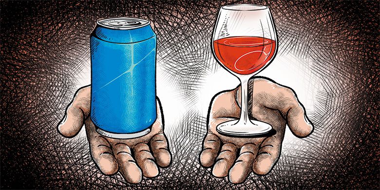 Outstretched hands holding blue and red beverage choices. ## Image provided by Luis Romero