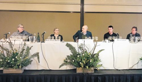 Panel discussion during 2019 event.From left; Robert Brittan, Brittan Vineyards; Kate Payne-Brown, Stoller Family Estate; Jason Lett, The Eyrie Vineyards, Ben Castell, Bethel Heights Vineyard and Michael G. Etzel, Beaux Frères.##Photo by Neal Hulkower