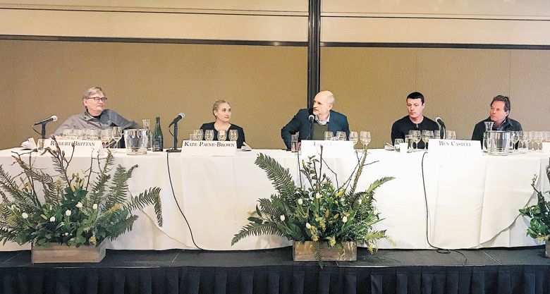 Panel discussion during 2019 event.From left; Robert Brittan, Brittan Vineyards; Kate Payne-Brown, Stoller Family Estate; Jason Lett, The Eyrie Vineyards, Ben Castell, Bethel Heights Vineyard and Michael G. Etzel, Beaux Frères.##Photo by Neal Hulkower