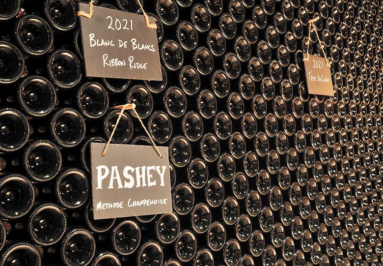 Rows of aging Pashey sparkling wine bottles. ## Photo provided by Frey Family Wines