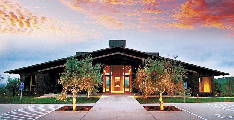 The tasting room at Domaine Roy & Fils glows at night, including the 30-year-old olive trees transplanted to the Dundee Hills. ##Photo provided