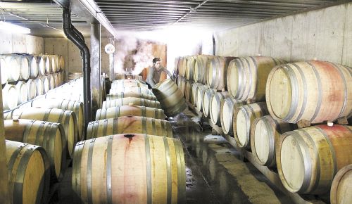 Airlie winemaker Elizabeth Clark cleans barrels at the Monmouth winery. ##Photo provided.