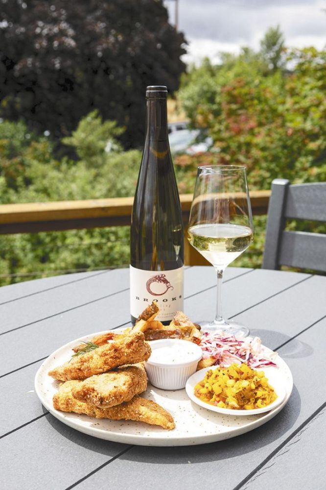 Southern Fried Rockfish with Roasted Corn Chow Chow.
Pair this fried rockfish with Brooks Wine 2024 Ara Riesling. ##Photo provided by Brooks Wine