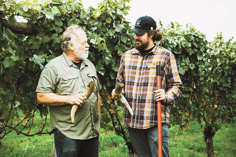 Rudy Marchesi, Montinore Estate partner (left), standing with Clay Wesson, Montinore’s head of viticulture. ##Photo by Cheryl Juetten