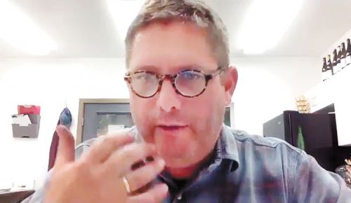 Neal Hulkower records his Slow Wine Guide interviews via Zoom with Josh Bergstrom of Bergstrom Wines. ##Photo provided
