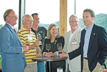 From left, Chris Lake, director of SOWI; Earl Jones of Abacela; Chris Martin of Troon Vineyard; Deb Hatcher of REX HILL and A to Z Wineworks; Michael Donovan of RoxyAnn Winery; and Tom Danowski, executive director of the Oregon Wine Board, enjoy wine and hors d’oeuvres at the Southern Oregon marketing and sales conference. Photo by Kim Lewis From left, Chris Lake, director of SOWI; Earl Jones of Abacela; Chris Martin of Troon Vineyard; Deb Hatcher of REX HILL and A to Z Wineworks; Michael Donovan of RoxyAnn Winery; and Tom Danowski, executive director of the Oregon Wine Board, enjoy wine and hors d’oeuvres at the Southern Oregon marketing and sales conference. Photo by Kim Lewis
