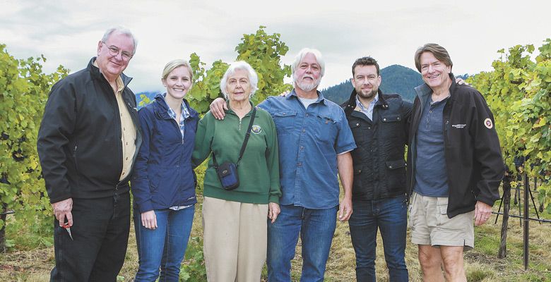 (From left) Rep. David Gomberg (D-10); Christine Clair, winery director of Willamette Valley Vineyards; Traute and Michael Moore, Griffin Creek winegrowers; Justin King, national sales manager for King Estate; Jim Bernau, founder of Willamette Valley Vineyards. ##Photo Provided