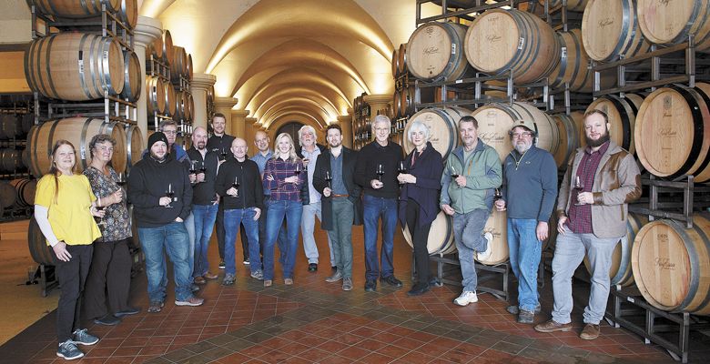 Oregon Solidarity winery prinicpals, winemakers and growers. From left: Amy Anderson, Villa Novia Vineyards; Laura Lotspeich, Pheasant Hill Vineyard; Taylor King, King Estate; Jim Ball, Five Tollers Vineyard; Brent Stone, King Estate; Ryan Johnson, King Estate; Ed King III, King Estate; Joe Ibrahim, Willamette Valley Vineyards; Christine Clair, Willamette Valley Vineyards; Michael Moore, Quail Run Vineyards; Justin King, King Estate; Leon Pyle and Cathy DeForest, Maison Tranquille; Mike Anderson, Villa Novia Vineyards; Ray Nuclo, King Estate; and Joe King, King Estate. ##Photo provided