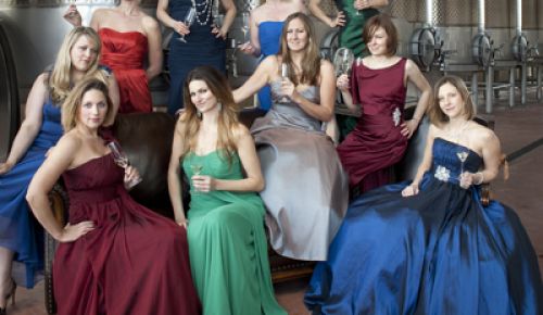 Sommeliers (from left)  Savanna Ray, Gaironn Poole, Tia Hubbard, Jennifer Cossey, Carrie Stigge, Gretchen Allen-Wilcox, Erica Landon, Dana Frank, Caryn Benke and Toni Ketrenos toast their profession at Soléna and Grand Cru Estates.  Photo by Andrea Johnson.