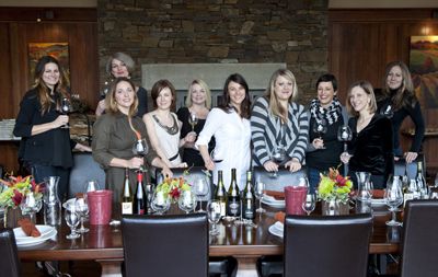 Sommeliers (from left) Carrie Stigge, Tia Hubbard, Gaironn Poole, Caryn Benke, Gretchen Allen-Wilcox, Jennifer Cossey, Savanna Ray, Dana Frank, Toni Ketrenos and Erica Landon gather for lunch prepared by Matthew Howard at Soléna and Grand Cru Estates. Photo by Andrea Johnson