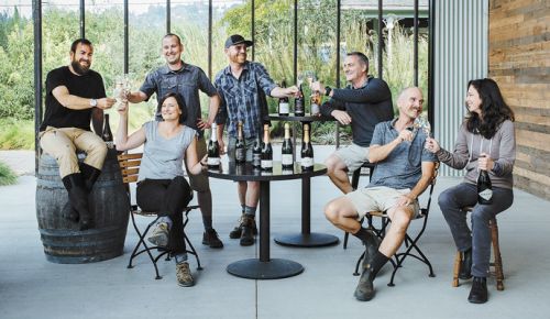 Standing: Nate Klostermann, Shane Moore of Gran Moraine. Sitting: Scott Dwyer of Chemeketa Community College Wine Studies Program; Robin Hawley of Sokol Blosser; James Frey of Trisaetum; Rollin Soles of ROCO Winery; and Ksenija Kostic House of Argyle. ##Photo by Kathryn Elsesser