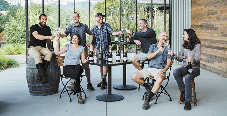 Standing: Nate Klostermann, Shane Moore of Gran Moraine. Sitting: Scott Dwyer of Chemeketa Community College Wine Studies Program; Robin Hawley of Sokol Blosser; James Frey of Trisaetum; Rollin Soles of ROCO Winery; and Ksenija Kostic House of Argyle. ##Photo by Kathryn Elsesser