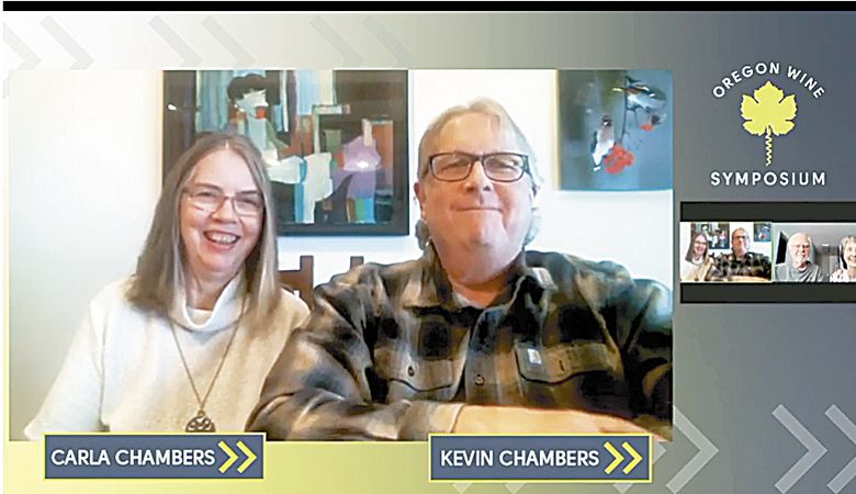 Carla and Kevin Chambers accept Oregon Wine Board’s 2021 Lifetime Achievement Award virtually.