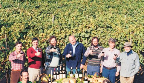 The founding members of the Yamhill County Winery Association.  Back row, left to right: Bill Blosser, Don Byard, Myron Redford, Dick Erath, Fred Arterbery, Fred Benoit and David Lett.  Front row, l to r, Joe Campbell and David Adelsheim.  Photo taken in 1983.