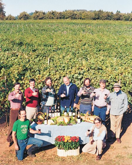 The founding members of the Yamhill County Winery Association.  Back row, left to right: Bill Blosser, Don Byard, Myron Redford, Dick Erath, Fred Arterbery, Fred Benoit and David Lett.  Front row, l to r, Joe Campbell and David Adelsheim.  Photo taken in 1983.