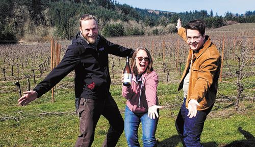 The team at Björnson Vineyard celebrating the inaugural vintage of their Gouais Blanc. ##Photo provided by Björnson Vineyard