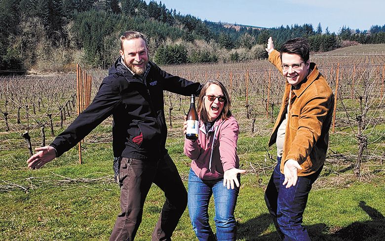 The team at Björnson Vineyard celebrating the inaugural vintage of their Gouais Blanc. ##Photo provided by Björnson Vineyard