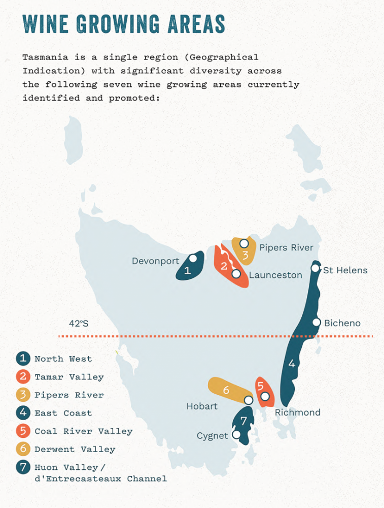 Map of the different winegrowing regions in Tasmania. ##Map provided by Wine Tasmania