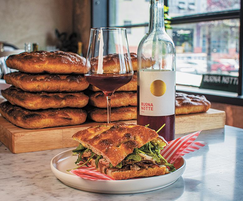 A porchetta sandwich at Buona Notte Wines&rsquo; The Stazione, located in Southeast Portland. ## Photo by Ron Scott