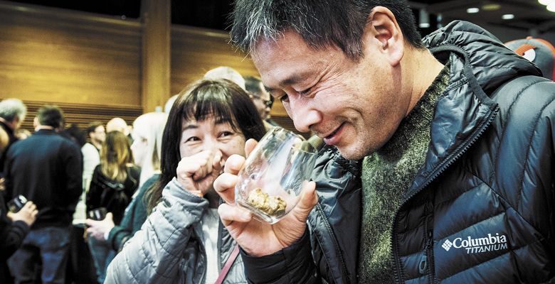 An attendee smells locally foraged truffles for sale at the Fresh Truffle Marketplace hosted at the Chehalem Cultural Center in Newberg. ##Photo by Kathryn Elsesser