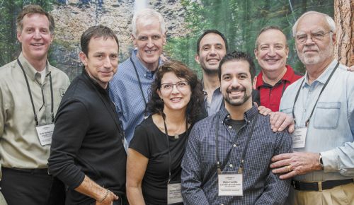Members of the Oregon Tempranillo Alliance pause at the 2018 Oregon Tempranillo Celebration. From left: Scott Steingraber, Kriselle Cellars, Eric Weisinger, Weisinger Family Estate; Bill Holloran, Holloran Vineyard; Heather Nenow, Belle Fiore; JP Valot, Silvan Ridge/Elizabeth Chambers; Chris Castillo, Castillo de Feliciana Vineyard; Les Martin, Red Lily Vineyard; and Earl Jones, Abacela Winery. ##Photos by Kathryn Elsesser