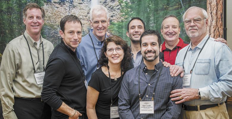 Members of the Oregon Tempranillo Alliance pause at the 2018 Oregon Tempranillo Celebration. From left: Scott Steingraber, Kriselle Cellars, Eric Weisinger, Weisinger Family Estate; Bill Holloran, Holloran Vineyard; Heather Nenow, Belle Fiore; JP Valot, Silvan Ridge/Elizabeth Chambers; Chris Castillo, Castillo de Feliciana Vineyard; Les Martin, Red Lily Vineyard; and Earl Jones, Abacela Winery. ##Photos by Kathryn Elsesser