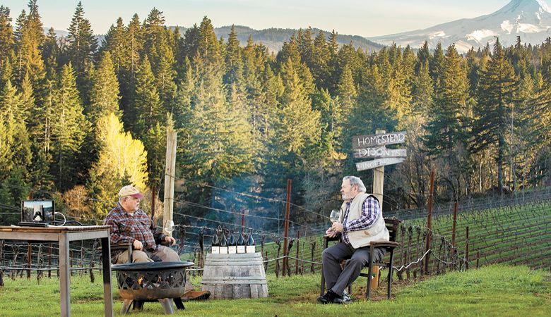 Phelps Creek Vineyard owner Bob Morus (left) and enologist Bill Swain discuss a selection of wines during a virtual tasting at the Columbia Gorge estate. ##Photo by  Kathryn Elsesser