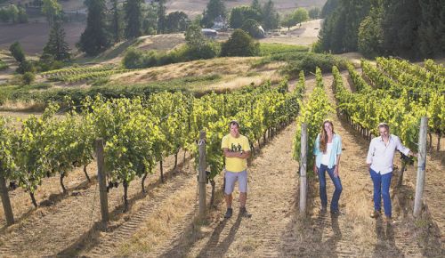 Jay Boberg (from left), Tracy Kendall and Jean-Nicolas Méo at Bishop Creek Vineyard, Domaine Nicolas-Jay’s acquired property in the Yamhill-Carlton AVA. ##Photo by Andrea Johnson