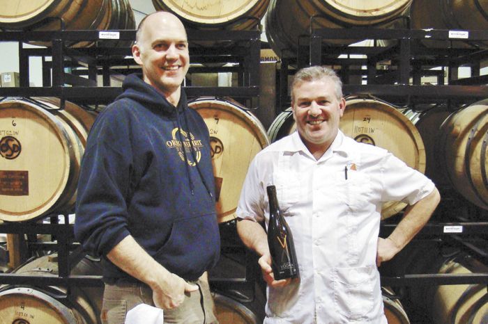 Distiller Brad Irwin, left, with Volcano winemaker Scott Ratcliff. Distiller Brad Irwin, left, with Volcano winemaker Scott Ratcliff.