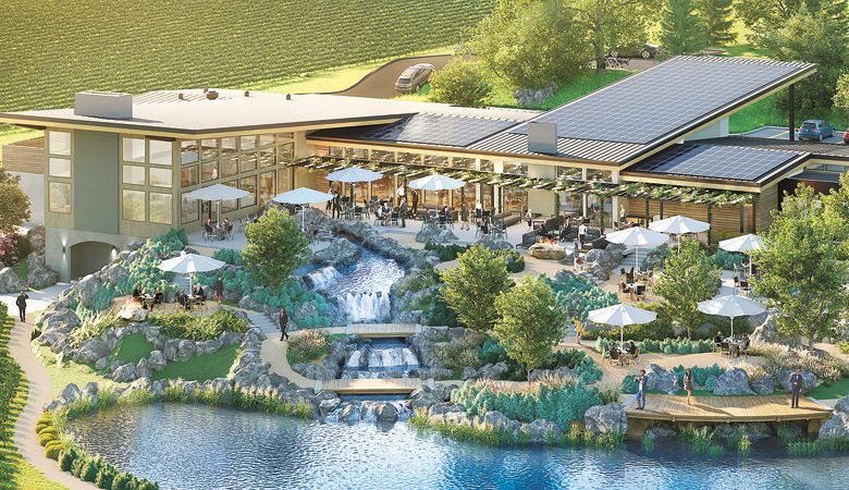 An artist rendering of WVV’s Bernau Estate in the Dundee Hills shows an exterior with many exciting details, including extravagant water features. ##Image provided