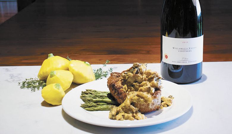 Roasted Pork Chop with Wild Mushroom Ragout by Chef DJ MacIntyre, Willamette Valley Vineyards. ##Photo provided