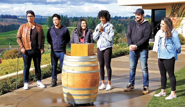 Chefs Byron Gomez (from left), Shota Nakajima, Jamie Tran, Dawn Burrell, Gabe Erales and Maria Mazon at WVV’s Turner estate after the finalists (Nakajima, Burrell, Erales) drew knives to see who would choose their sous chef first to aid in the final elimination challenge of “Top Chef: Portland.”