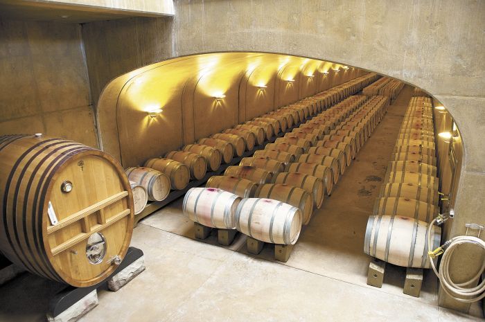 Inside the underground barrel room, Leonetti wines age for 15 to 22 months in French oak. Inside the underground barrel room, Leonetti wines age for 15 to 22 months in French oak.