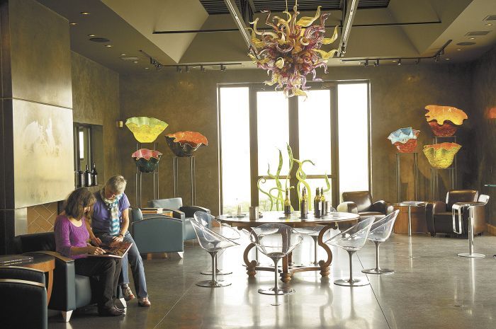 Long Shadows’ Walla Walla tasting room features Dale Chihuly glass artwork. Long Shadows’ Walla Walla tasting room features Dale Chihuly glass artwork.